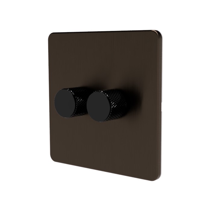 Samotech 2-way rotary dimmer switch, antique brass plate, black knob, 2-gang