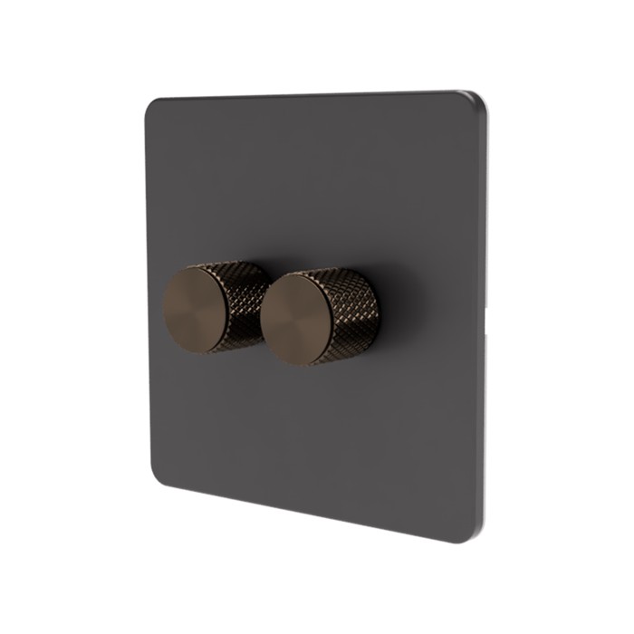 Samotech 2-way rotary dimmer switch, grey plate, antique brass knob, 2-gang