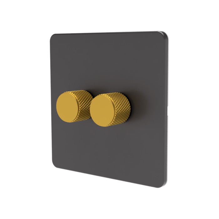 Samotech 2-way rotary dimmer switch, grey plate, gold knob, 2-gang